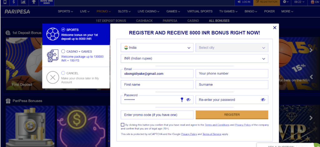 Paripesa registration form 