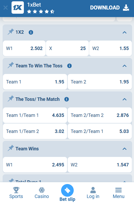 1xbet cricket bets