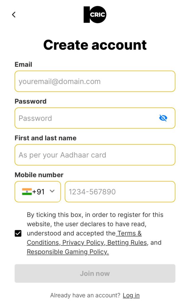 10Cric login