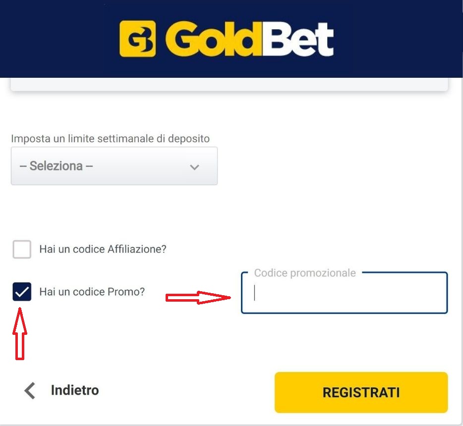 dove inserire codice promo goldbet