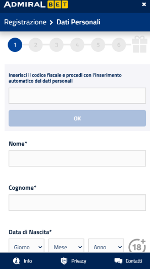 Compila il modulo di registrazione Admiralbet