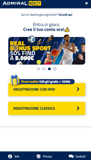 Scegli la registrazione manuale o con SPID Admiralbet