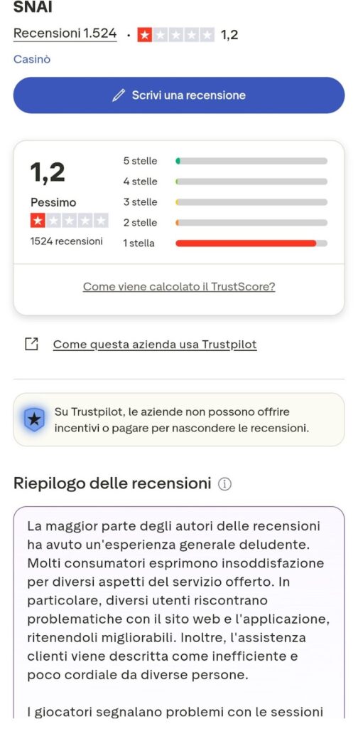 SNAI su Trustpilot