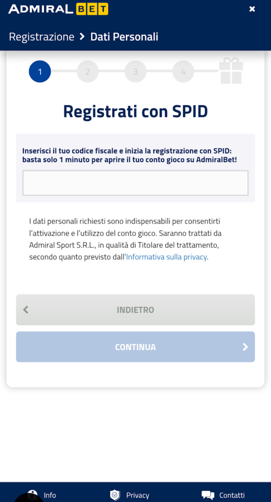 Registrazione rapida con SPID/CIE su Admiralbet