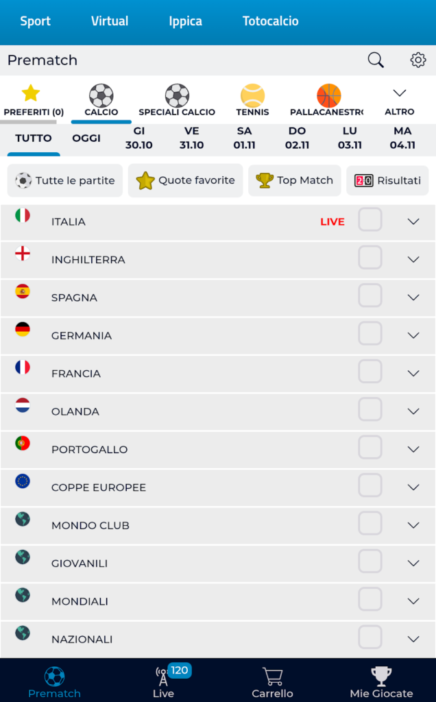Le principali sezioni di Admiralbet Sport