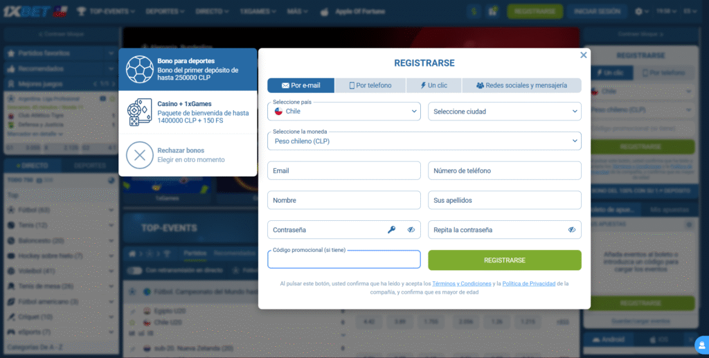 Activar código promocional 1xBet