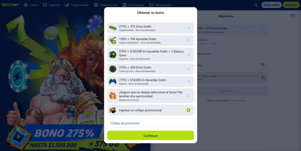 Canjear código promocional JugaBet