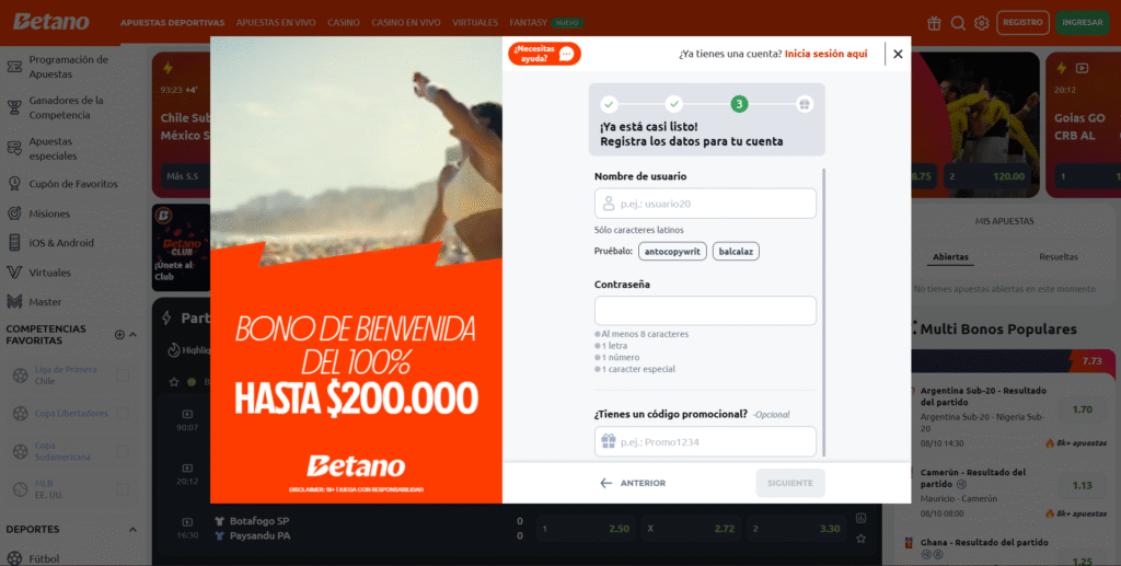 Registro en betano Chile