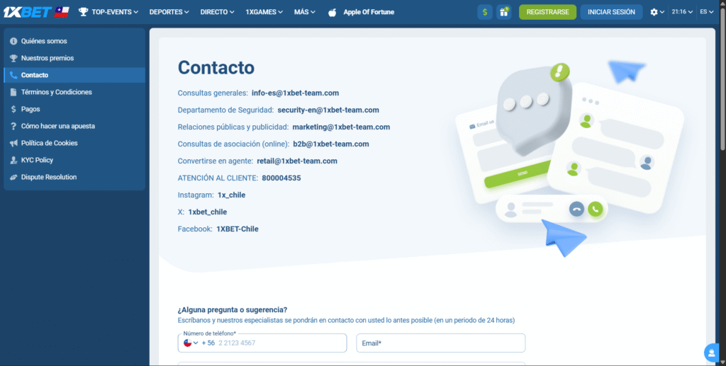 Contacto 1xBet Chile