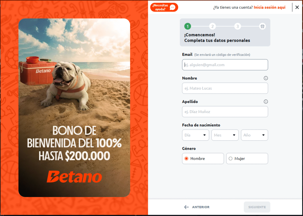 Betano registro com bono de bienvenida del 100%
