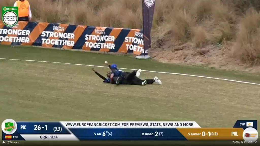 WATCH: Fielder collides with teammate, but completes spectacular catch in ECL match