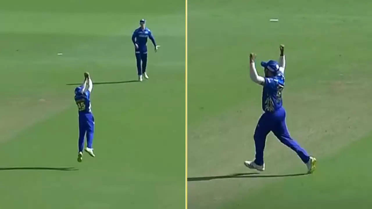 In a funny moment, Rohit Sharma decided to mock celebrate his catch towards the crowd. 
