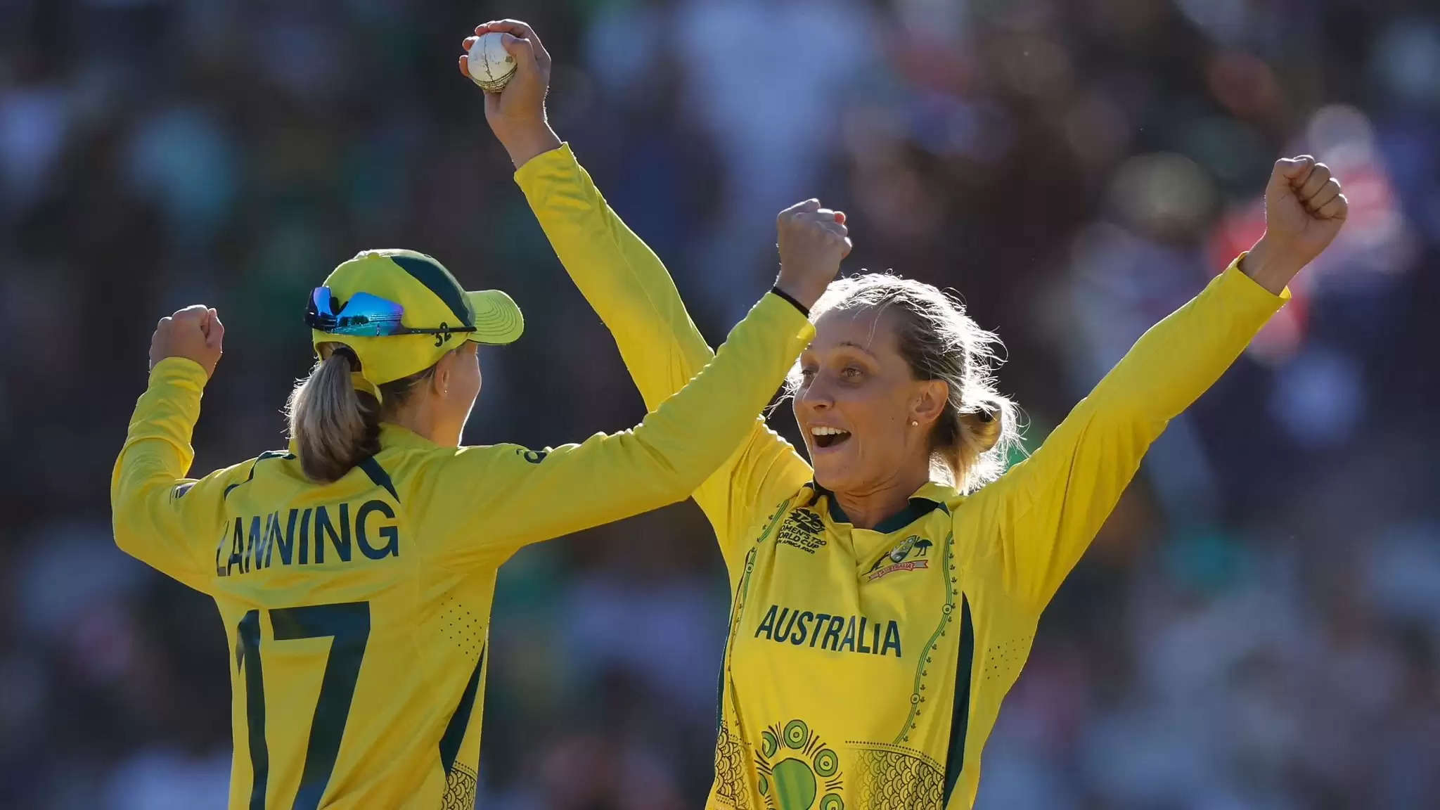 Ashleigh Gardner and Meg Lanning celebrating during the T20 World Cup final.