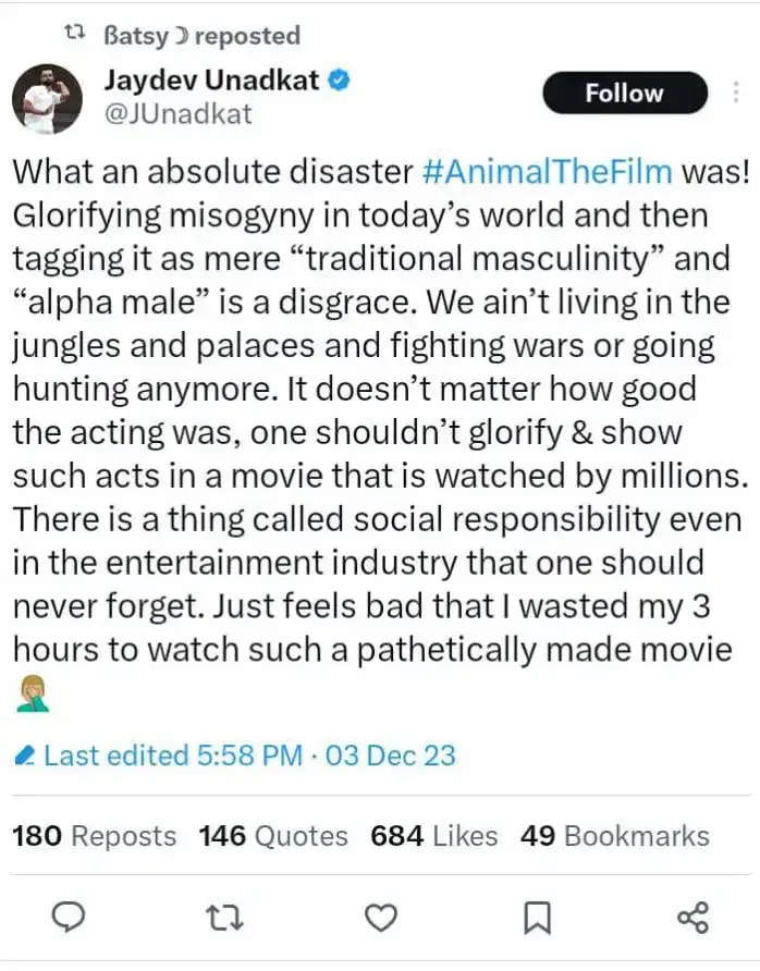 Jaydev Unadkat posts scathing review of 'Animal' movie, later deletes it