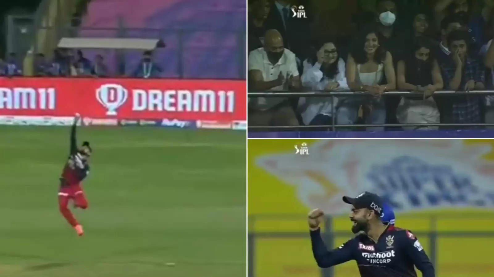Virat Kohli gestures at Anushka Sharma after taking a brilliant one-handed catch.