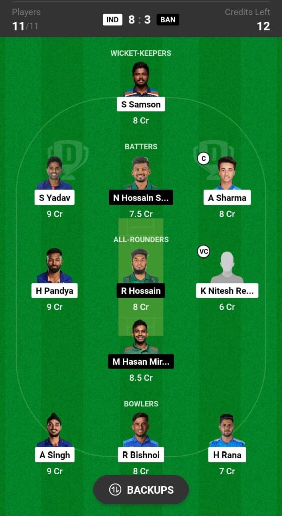 IND vs BAN 3rd T20I Grand League Team