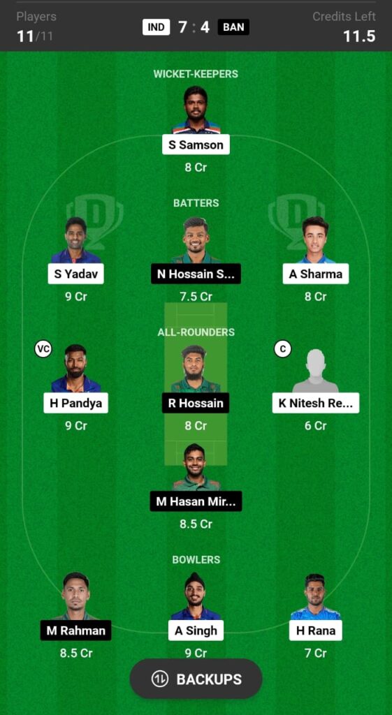 IND vs BAN 3rd T20I Small League Team