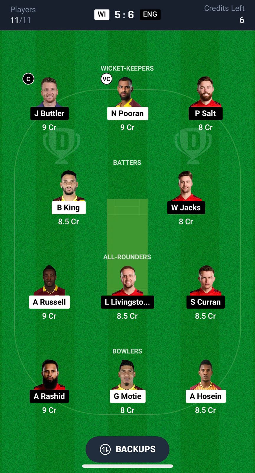 WI vs ENG Dream11 Prediction 1st T20I Grand League team