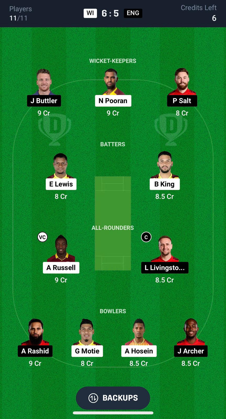 WI vs ENG Dream11 Prediction 1st T20I Small League team