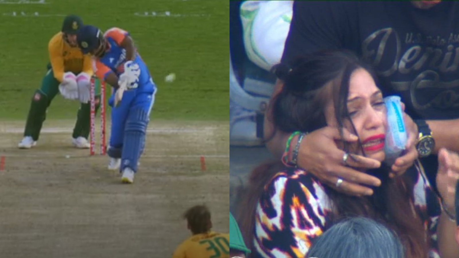 Sanju Samson hit a six on the second delivery of the tenth over that went on to hit the face of a lady standing in the crowd.