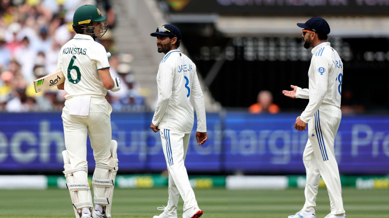 Sam Konstas cheekily imitated Virat Kohli’s shoulder bump while looking at the crowd in the Boxing Day Test in Melbourne.