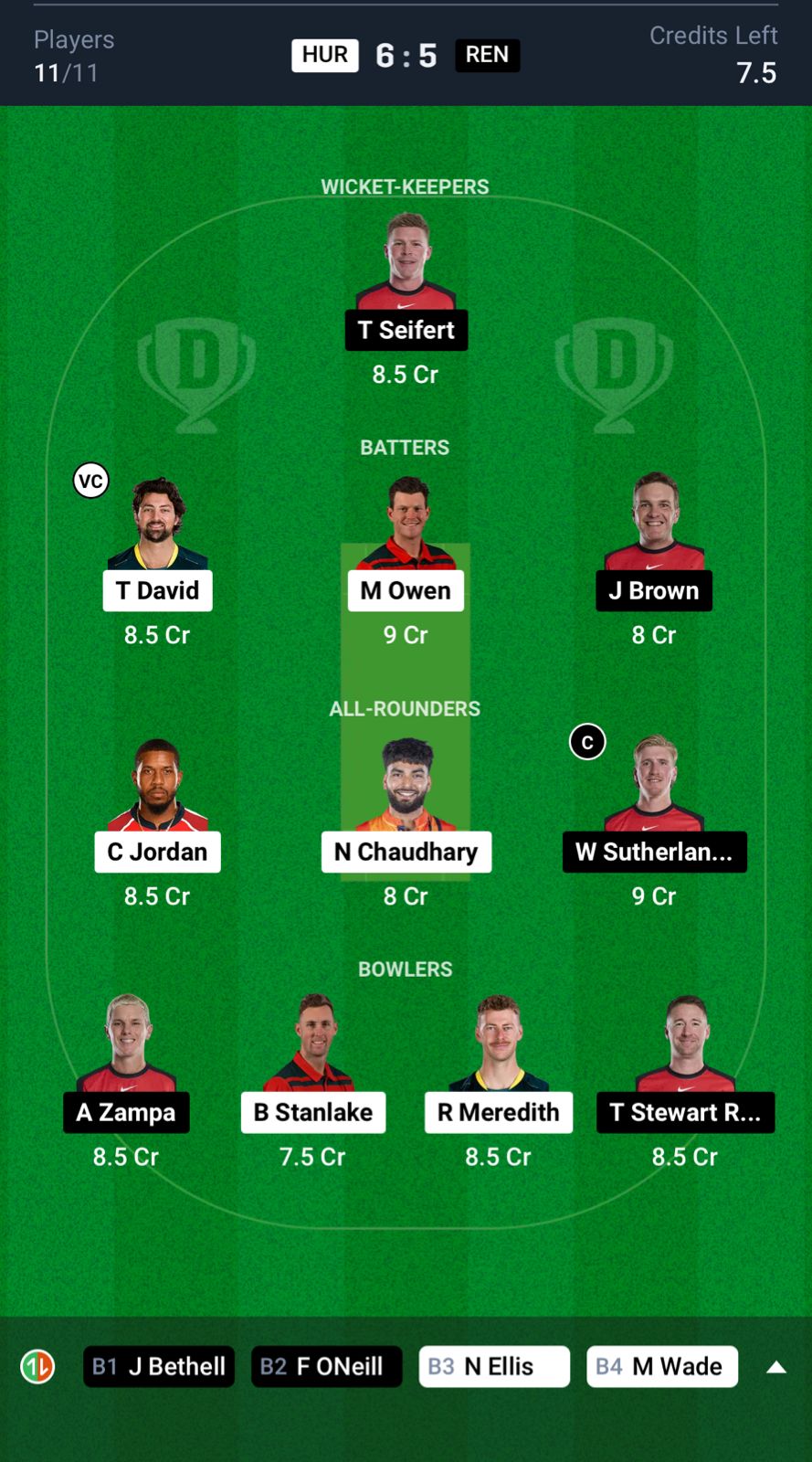 HUR vs REN Dream11 prediction grand league team bbl 2024-25 