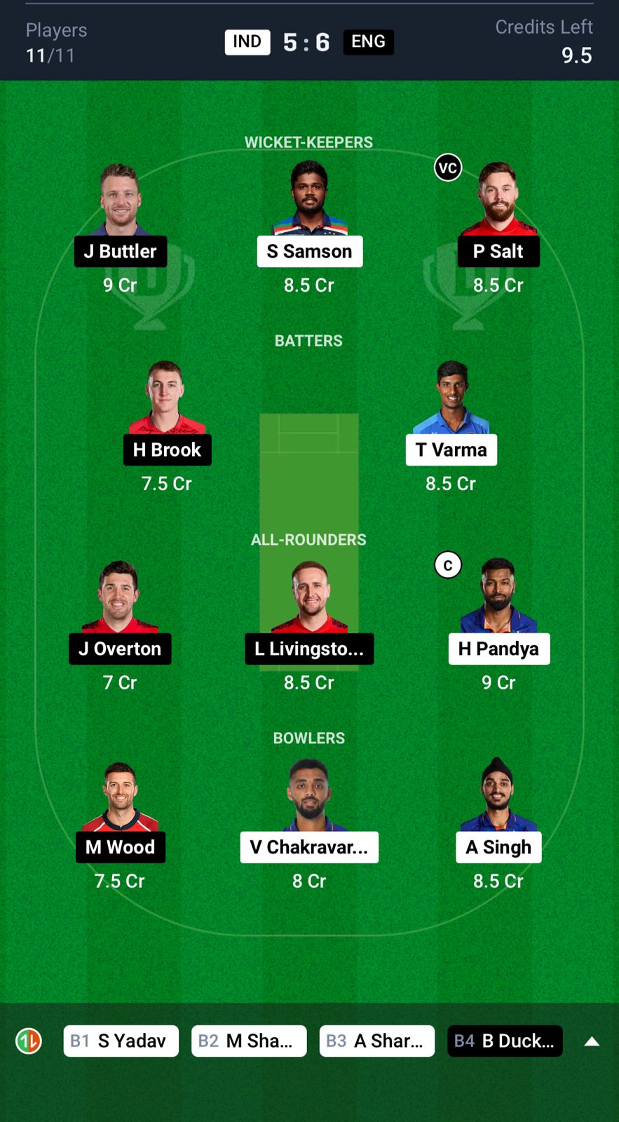 IND vs ENG Dream11 Prediction 1st T20I Grand League Team