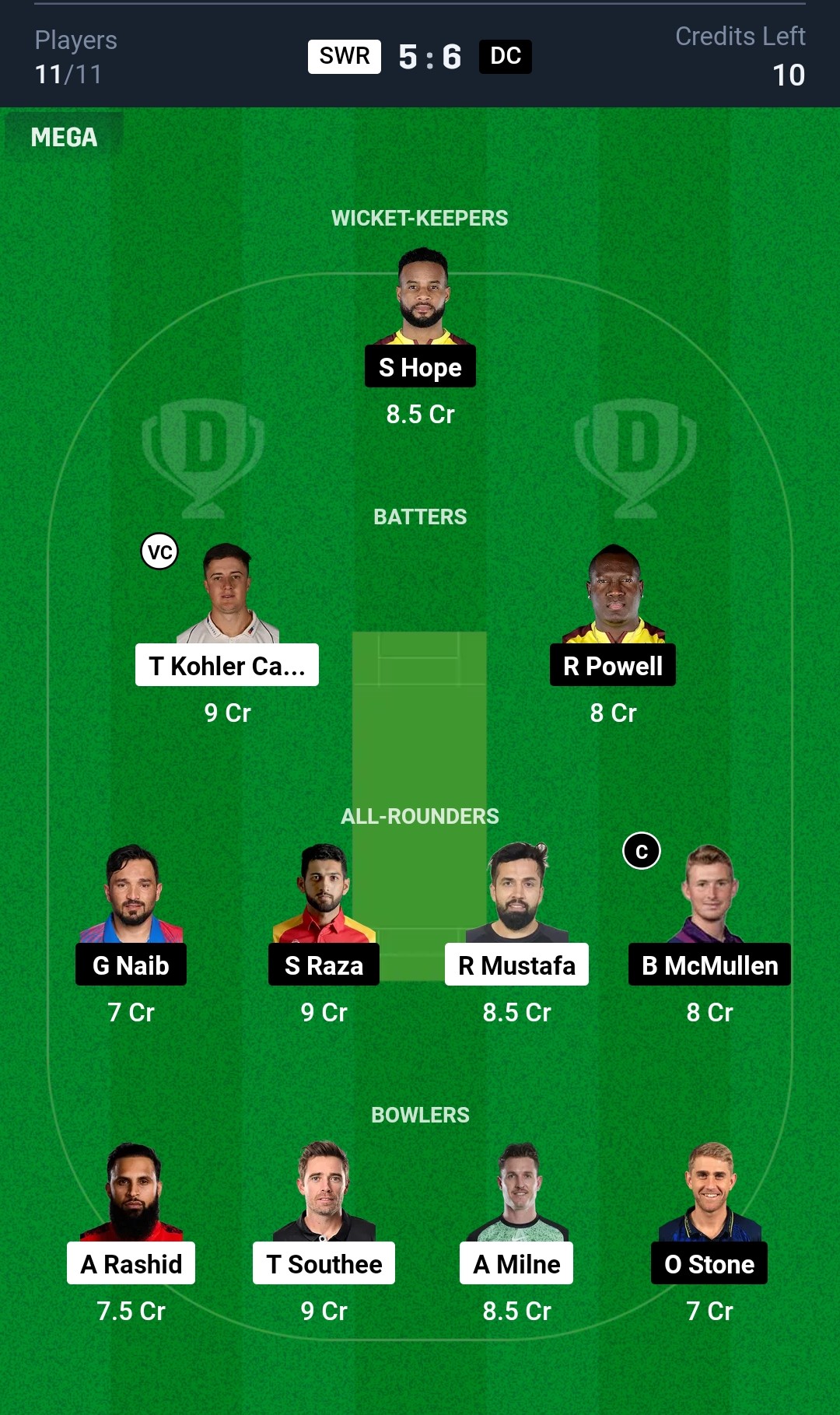 SWR vs DC Dream11 Prediction small League Team ILT20 2205