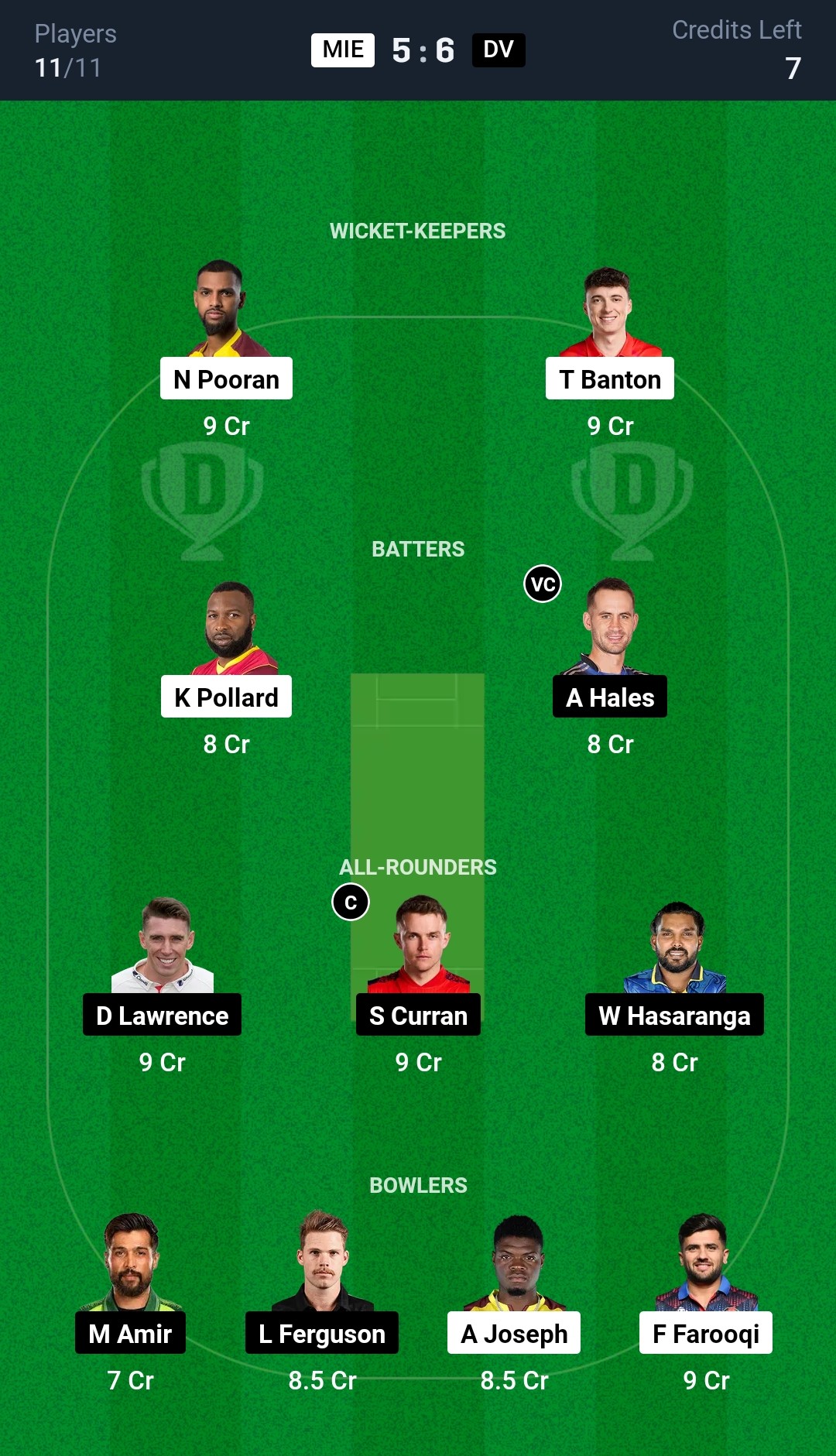 MIE vs DV Dream11 Prediction Grand League Team