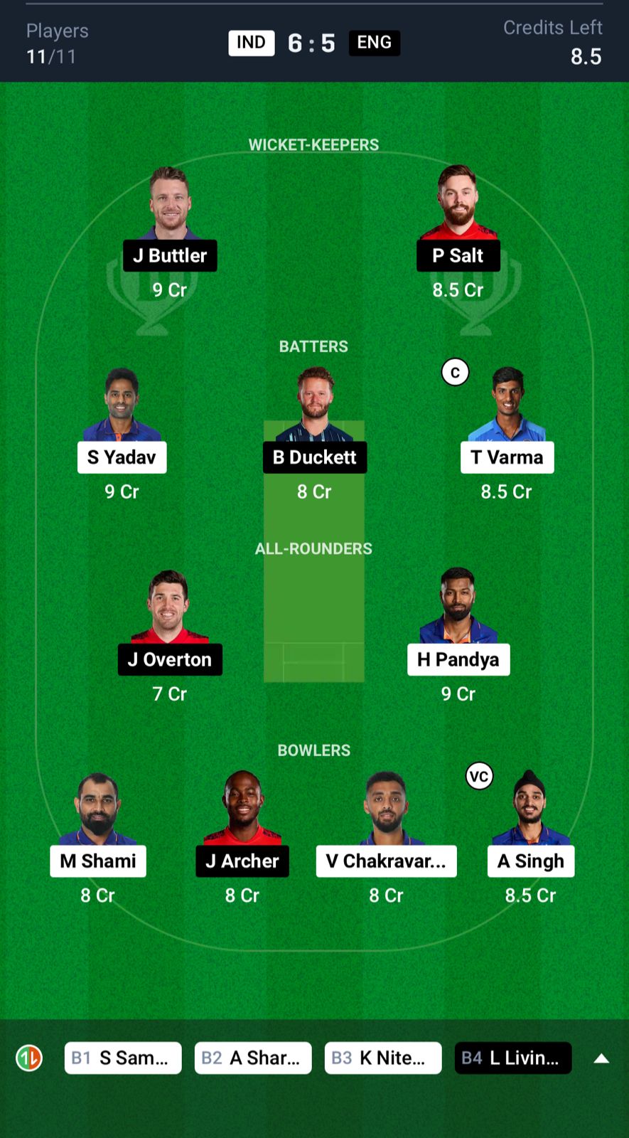 IND vs ENG Dream11 Prediction 1st T20I Small League Team