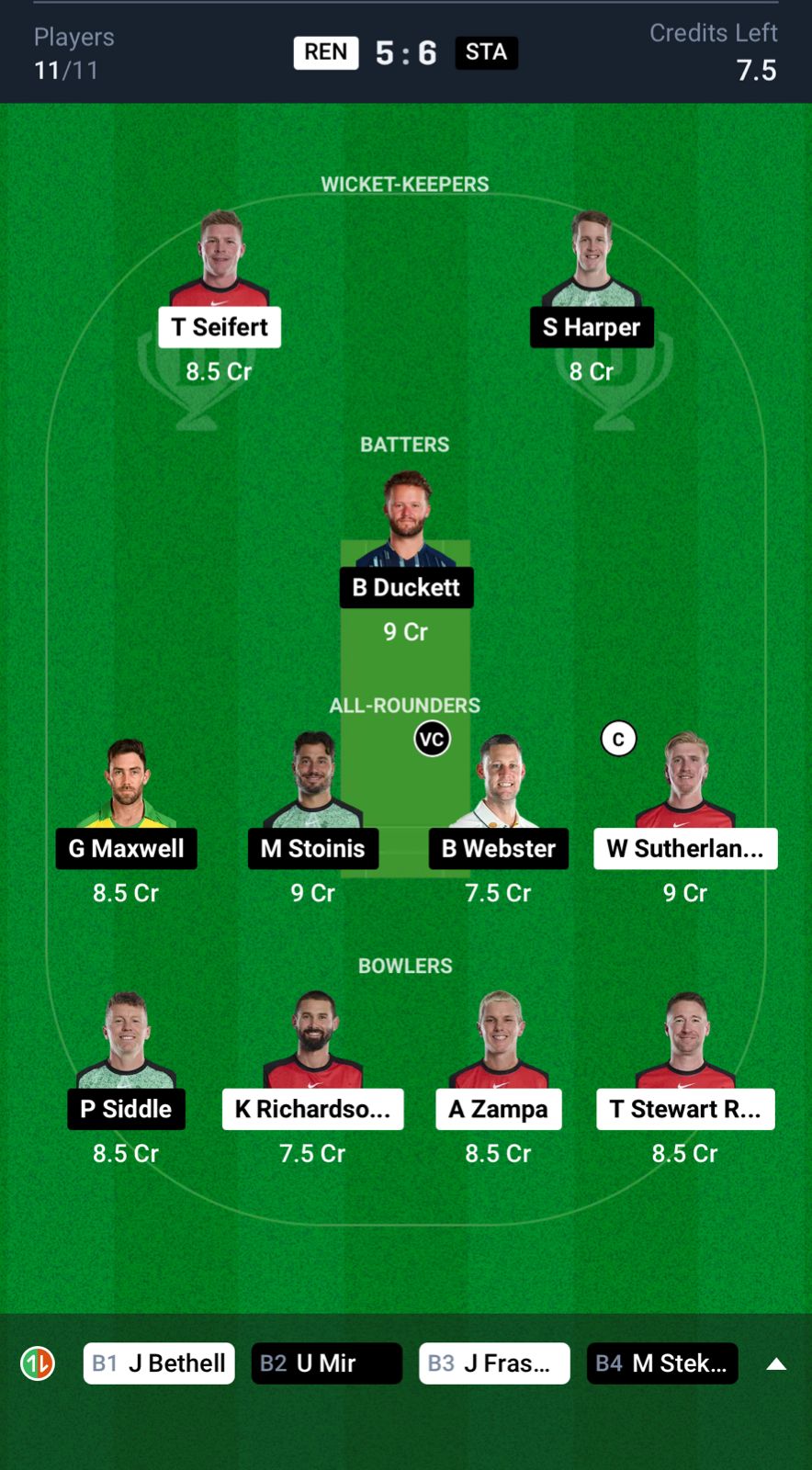 REN vs STA Dream11 Prediction Small League Team BBL 2024-25 