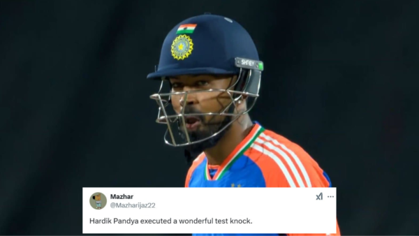 Hardik Pandya scored 40 runs in 35 deliveries, including one boundary and two maximums, at a strike rate of 114.29.