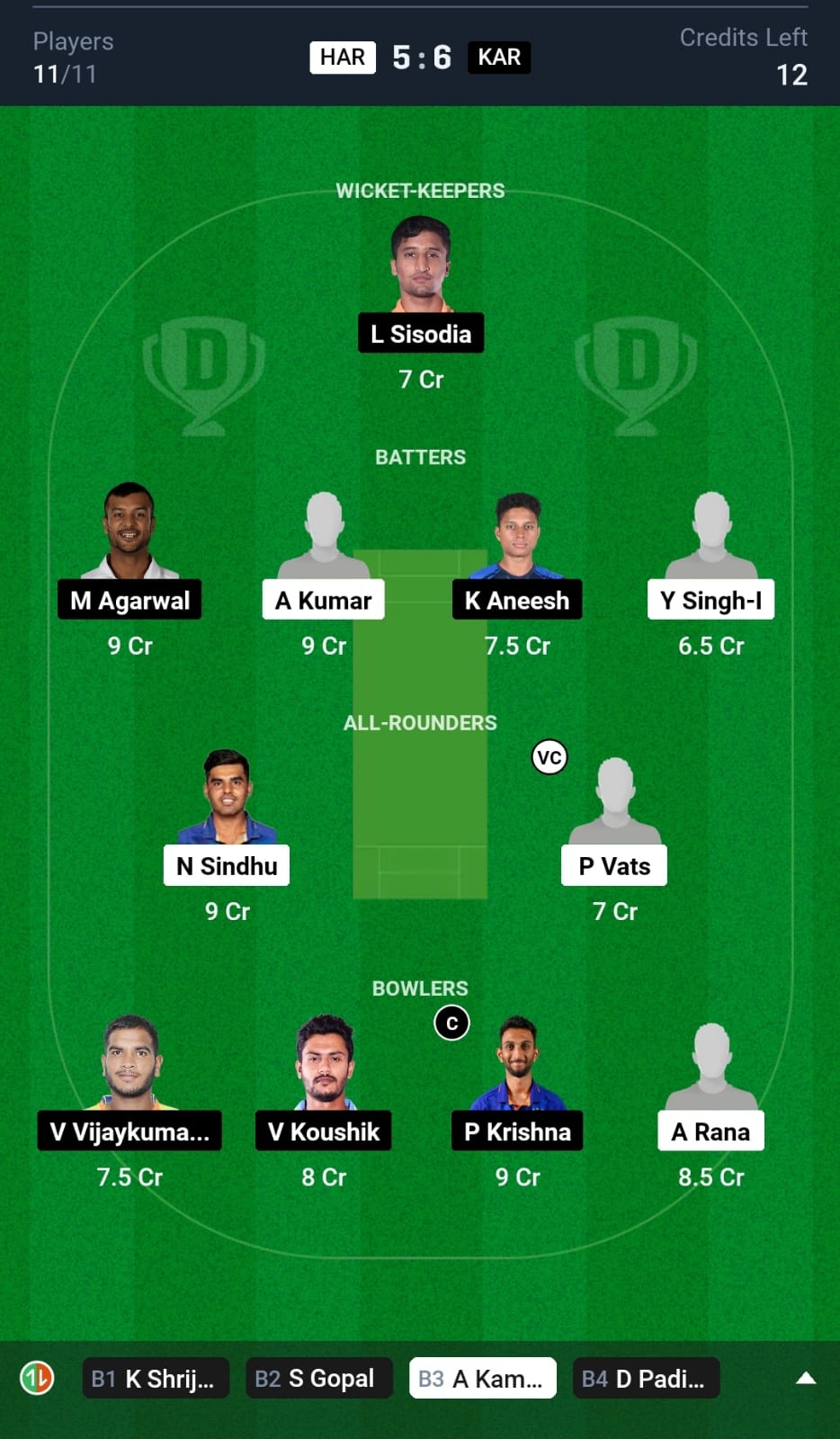 HAR vs KAR Dream11 prediction Small League Team Vijay Hazare Trophy 2024-25