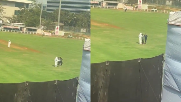 A fan invaded the ground to meet Rohit Sharma during the Ranji Trophy fixture in Mumbai’s Sharad Pawar Cricket Academy BKC.