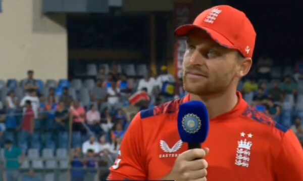 Jos Buttler during the toss in the fifth T20I against India