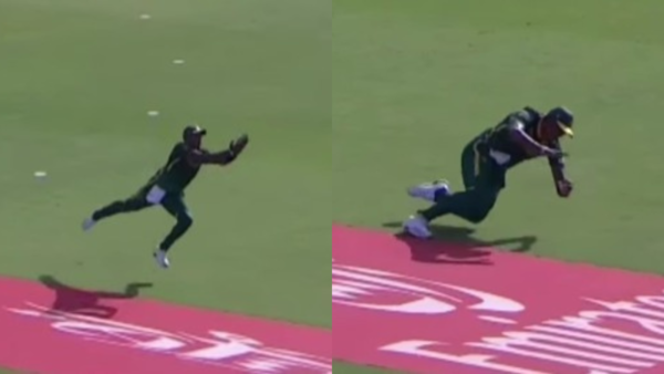 Lungi Ngidi took a marvellous catch to dismiss Jamie Overton on the third delivery of the 26th over off Kagiso Rabada’s bowling.