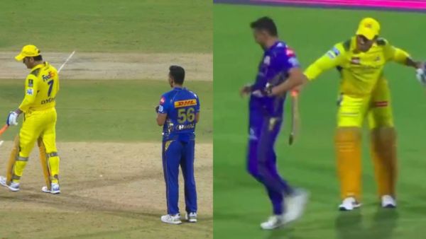 MS Dhoni and Deepak Chahar engaged in cheeky banter during the IPL 2025 match between Chennai Super Kings (CSK) and Mumbai Indians (MI).