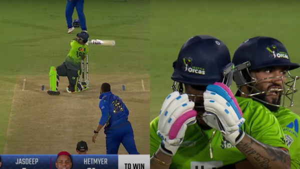With six required off the final delivery, Hetmyer hit a huge maximum over the fine-leg region for a maximum off Kieron Pollard.