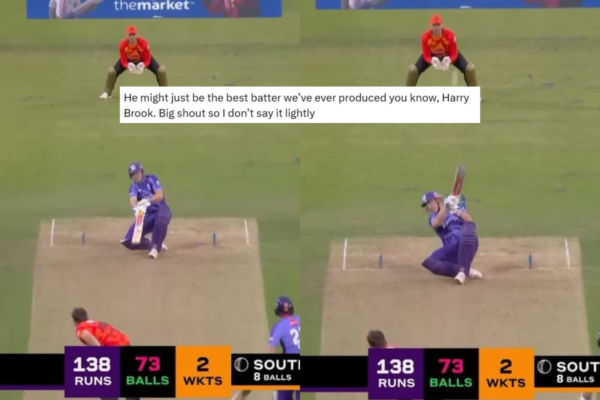 Harry Brook played an outrageous shot for a maximum on the first delivery of his innings during The Hundred 2025 fixture last night.