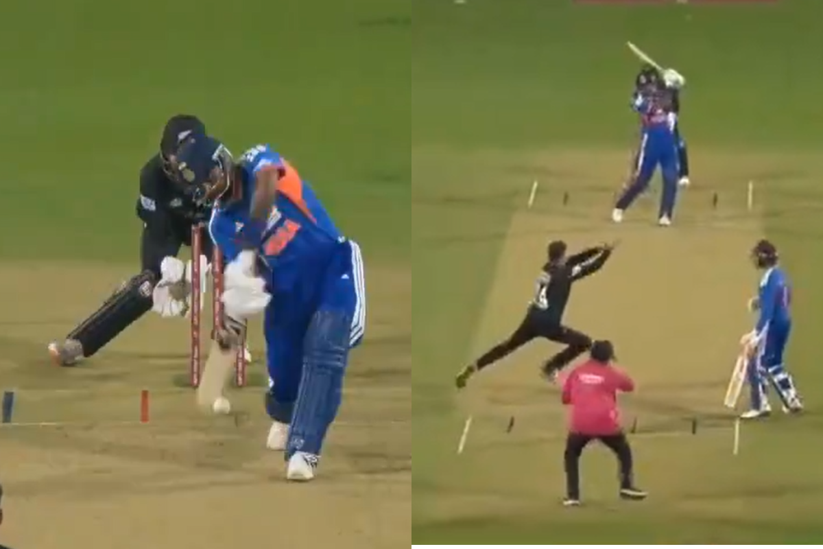Mitchell Santner, Umpire Come in Firing Line; Nearly Get Hit As Hardik Pandya Blasts First Ball Boundary in IND vs NZ 1st T20I [WATCH]