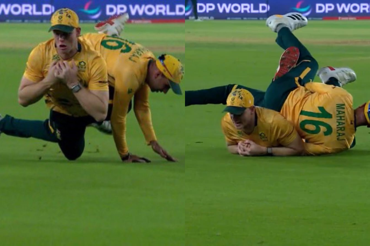 Corbin Bosch Takes Terrific Running Catch Despite Colliding With Keshav Maharaj To Dismiss Abhishek Sharma in IND vs SA T20 World Cup 2026 Clash [WATCH]